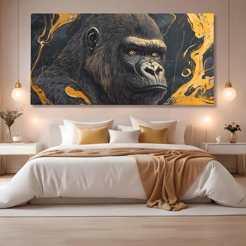 Tablou canvas cu tablou canvas cu gorila si detalii aurii, fara rama, pe sasiu de lemn, pe perete intr-un dormitor